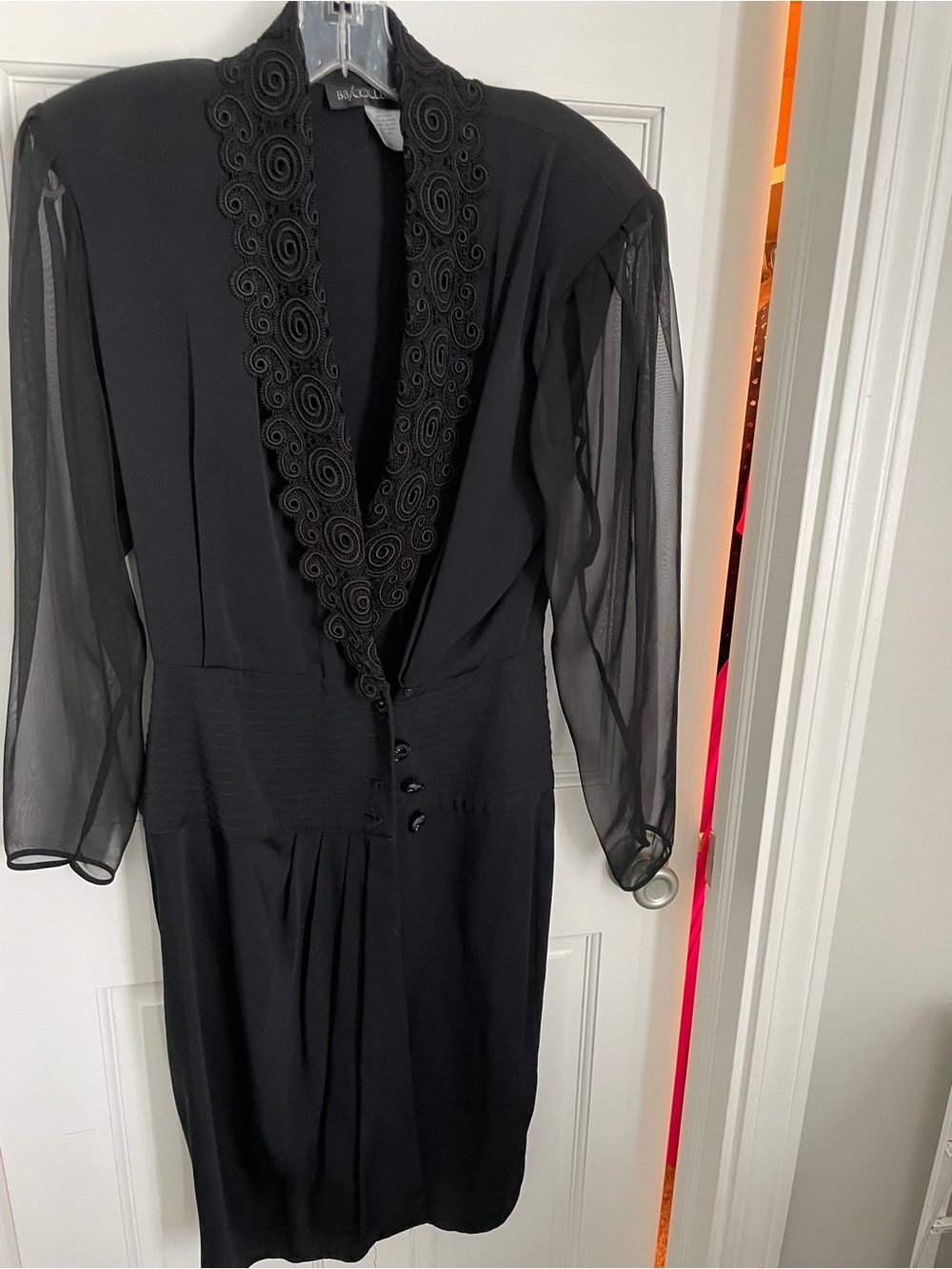 Black Sheer-Sleeve Midi Dress with Scalloped Lace Collar